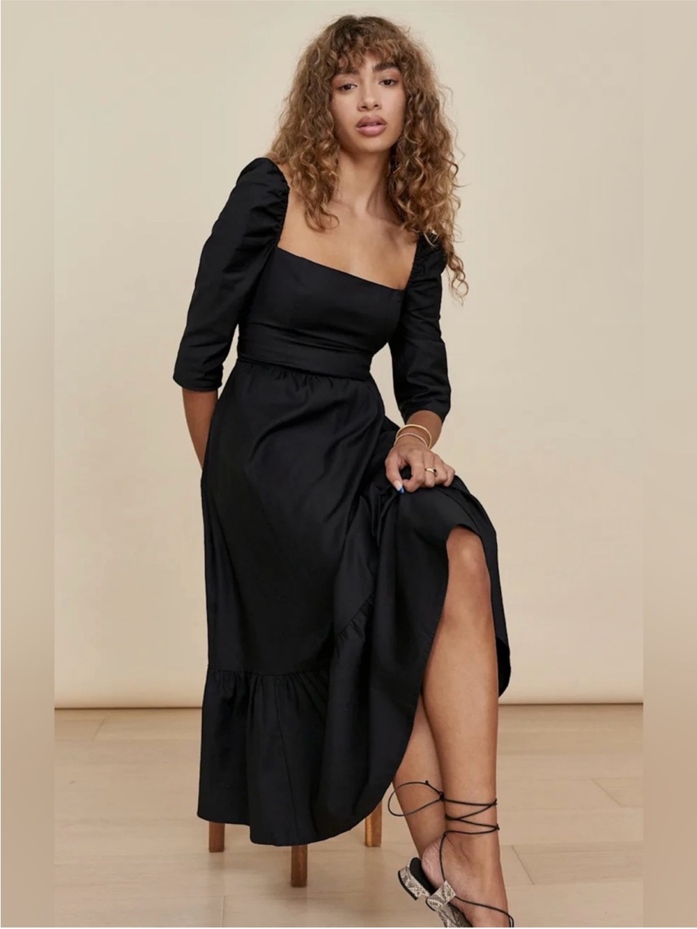 Reformation Cyprus Black Midi Dress  3/4 Puff Sleeves Cottagecore size 0